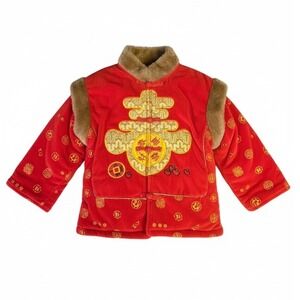 YING ZHI CAI Kids Red Embroidered Velour Jacket Chinese New Year Faux Fur